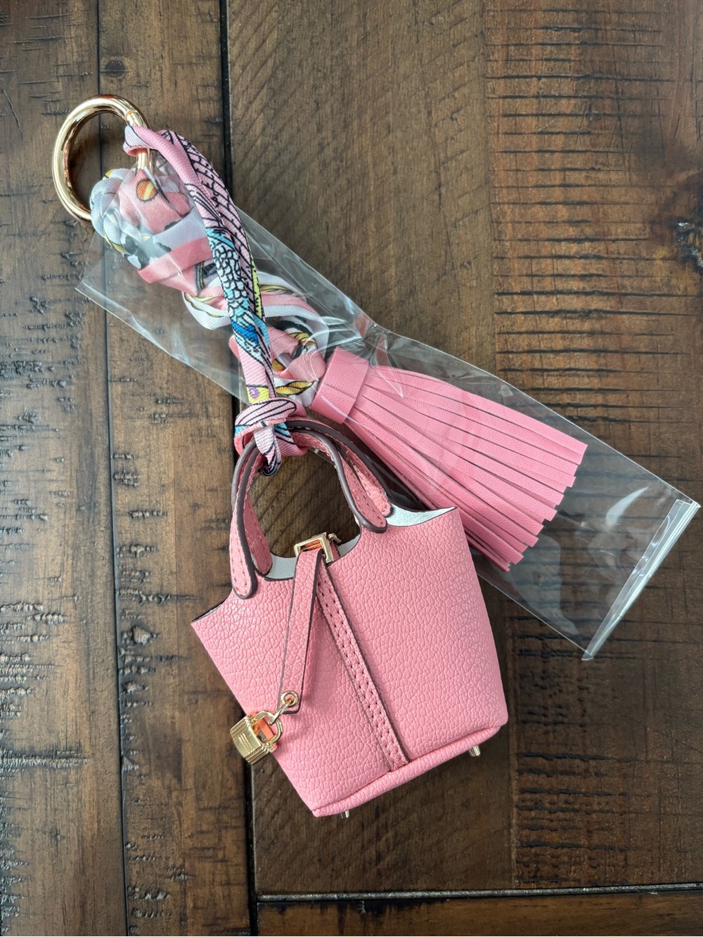 Mini Handbag Keychain Charm with Twilly Scarf & Tassel – Pink